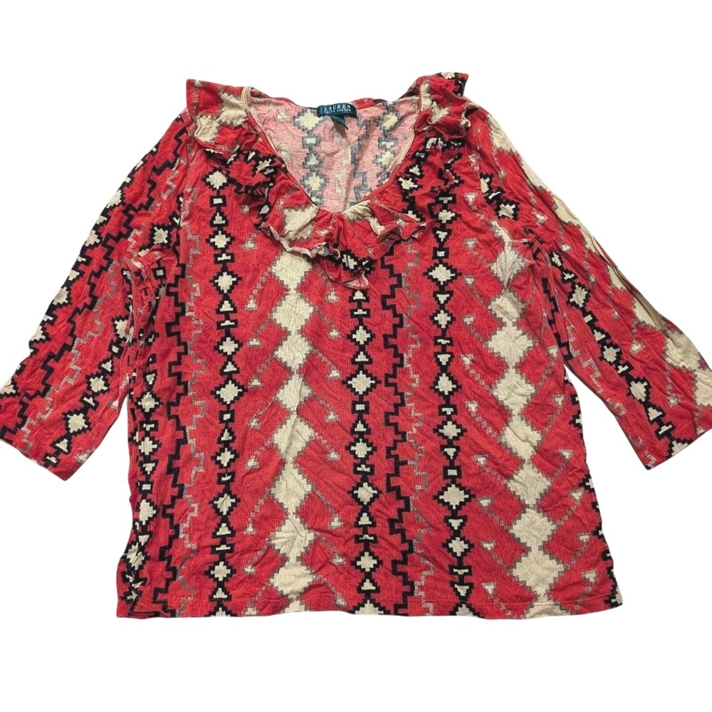 Ralph Lauren Plus 3X Red Print Ruffled V Neck‎  Peasant Top Shirt Boho Hippie